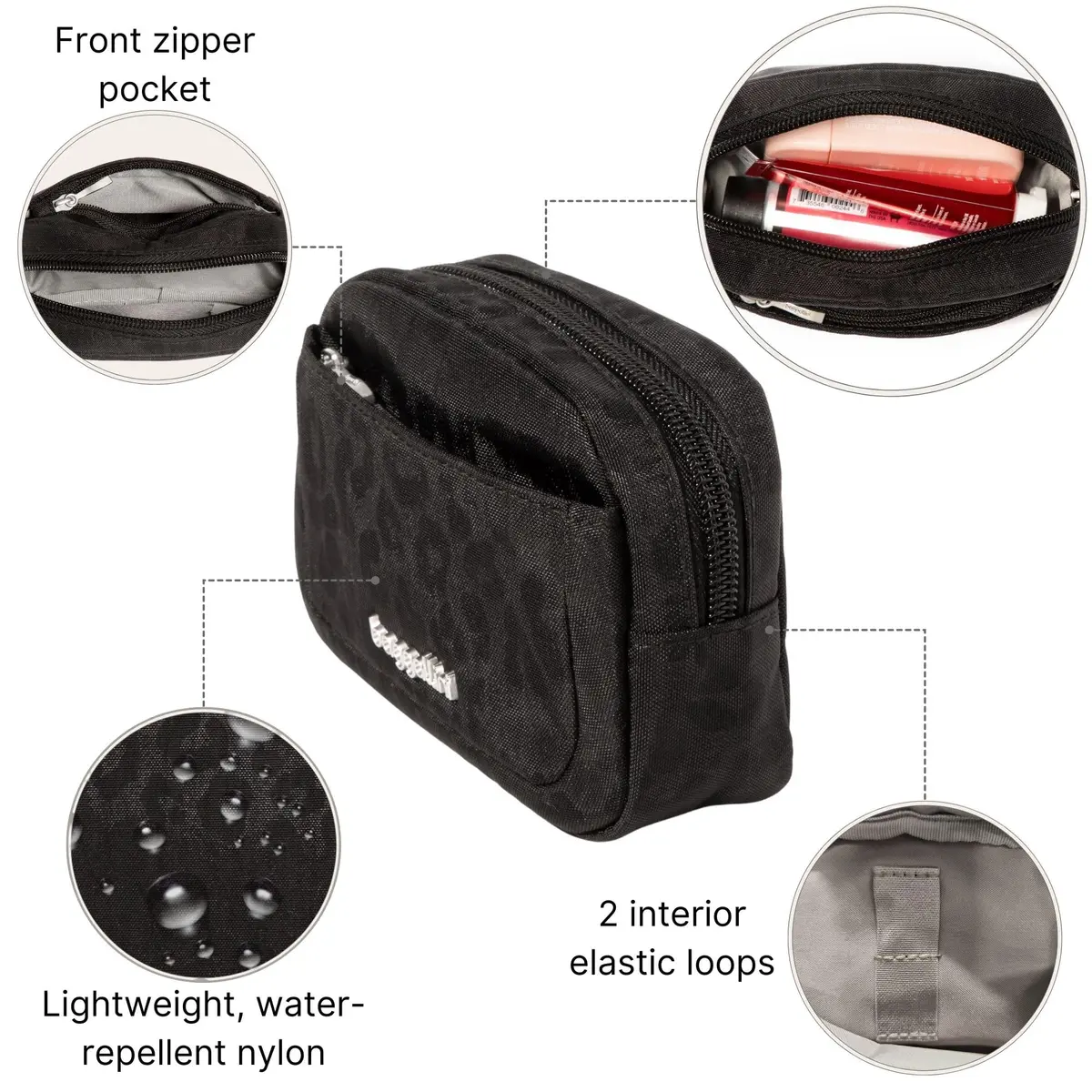 Baggallini Mini Cosmetic Pocket Black Cheetah Emboss 10cm (3.5in) x 15.6cm (4.9in) x 3.1cm (1.5in) | Lightweight Travel Makeup Organizer - view 3