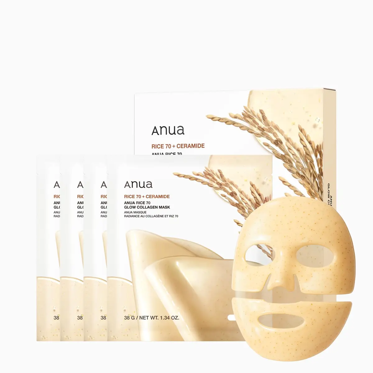 ANUA Rice 70 Glow Collagen Mask, 4 Pack | Hydrating Overnight Sheet Mask with Rice Water & Collagen - main product image