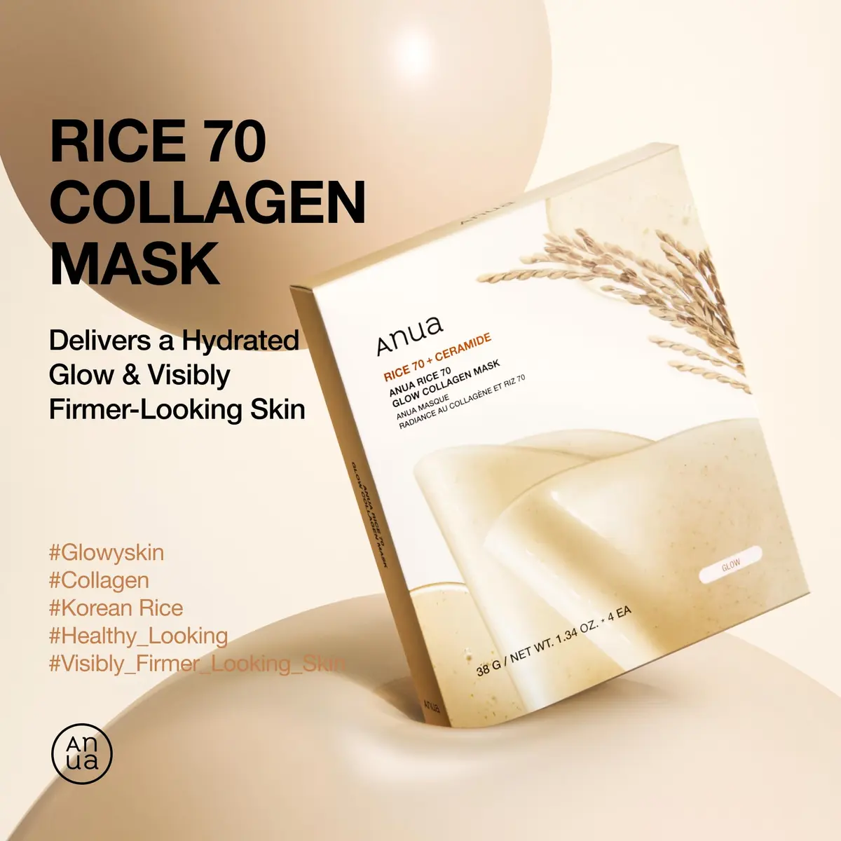 ANUA Rice 70 Glow Collagen Mask, 4 Pack | Hydrating Overnight Sheet Mask with Rice Water & Collagen - view 2