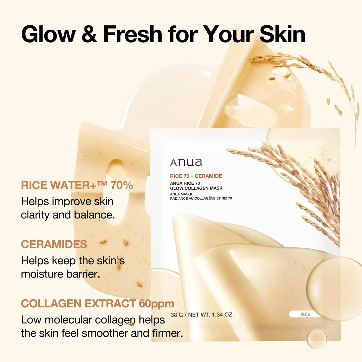 ANUA Rice 70 Glow Collagen Mask, 4 Pack | Hydrating Overnight Sheet Mask with Rice Water & Collagen - view 3