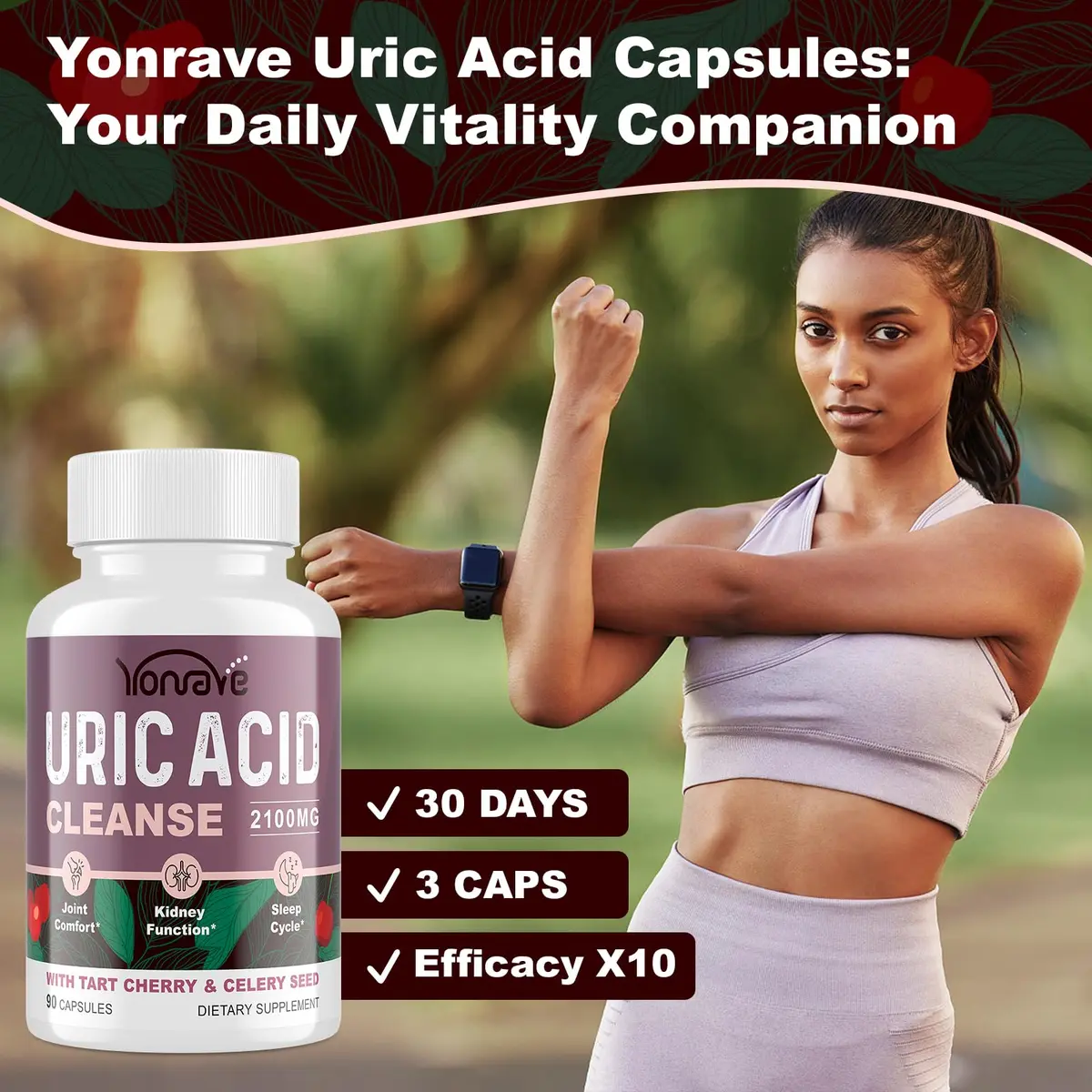 Yonrave Uric Acid Cleanse & Detox with Tart Cherry, Celery Seed | Supports Joint, Kidney & Sleep (90 Veggie Capsules, 2 Bottles) - view 5