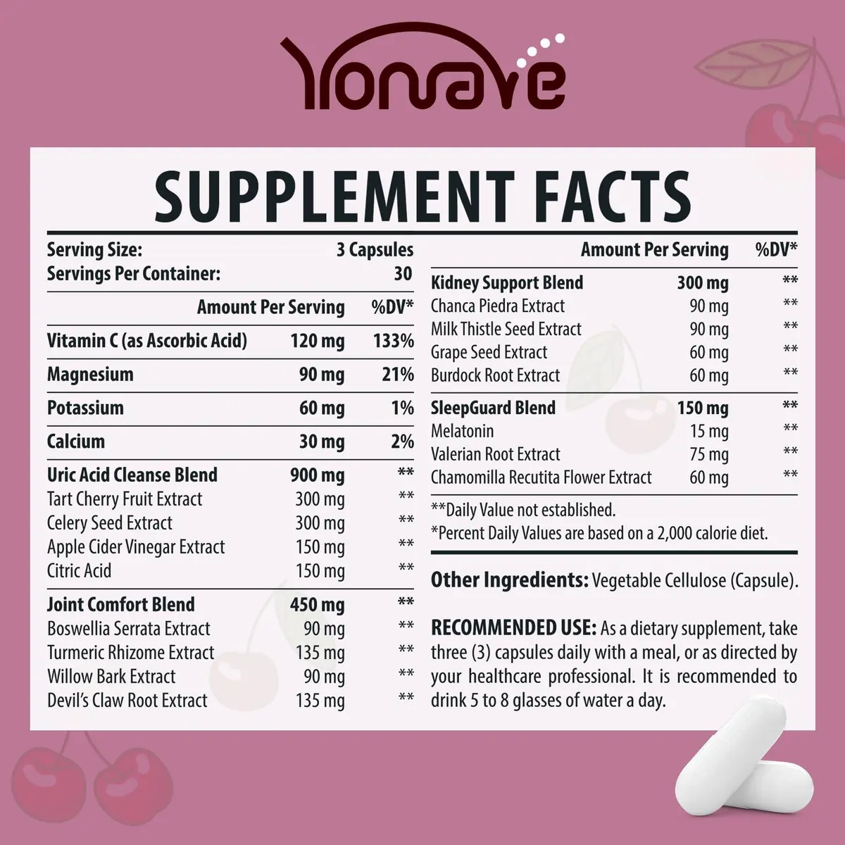 Yonrave Uric Acid Cleanse & Detox with Tart Cherry, Celery Seed | Supports Joint, Kidney & Sleep (90 Veggie Capsules, 2 Bottles) - view 2