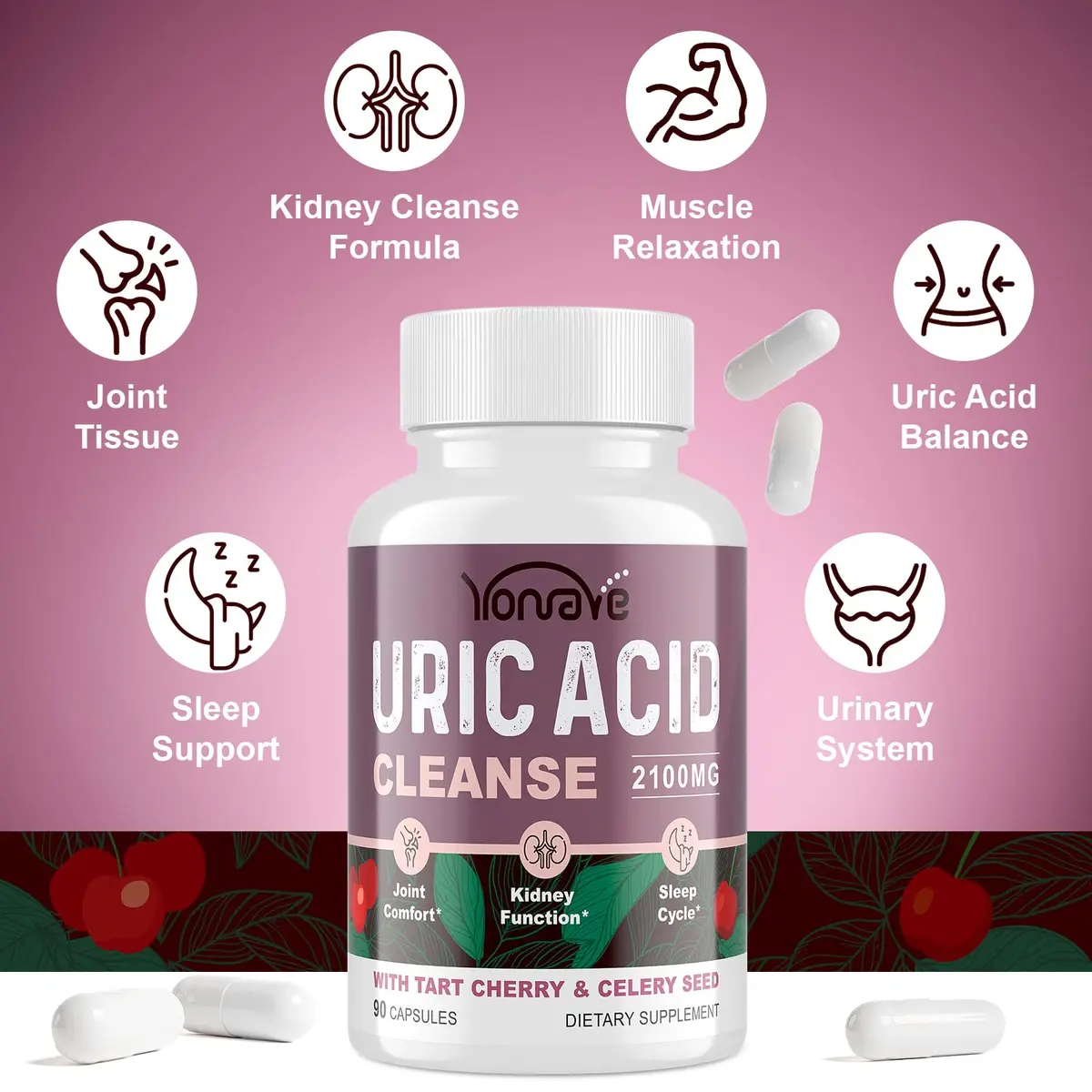 Yonrave Uric Acid Cleanse & Detox with Tart Cherry, Celery Seed | Supports Joint, Kidney & Sleep (90 Veggie Capsules, 2 Bottles) - view 3