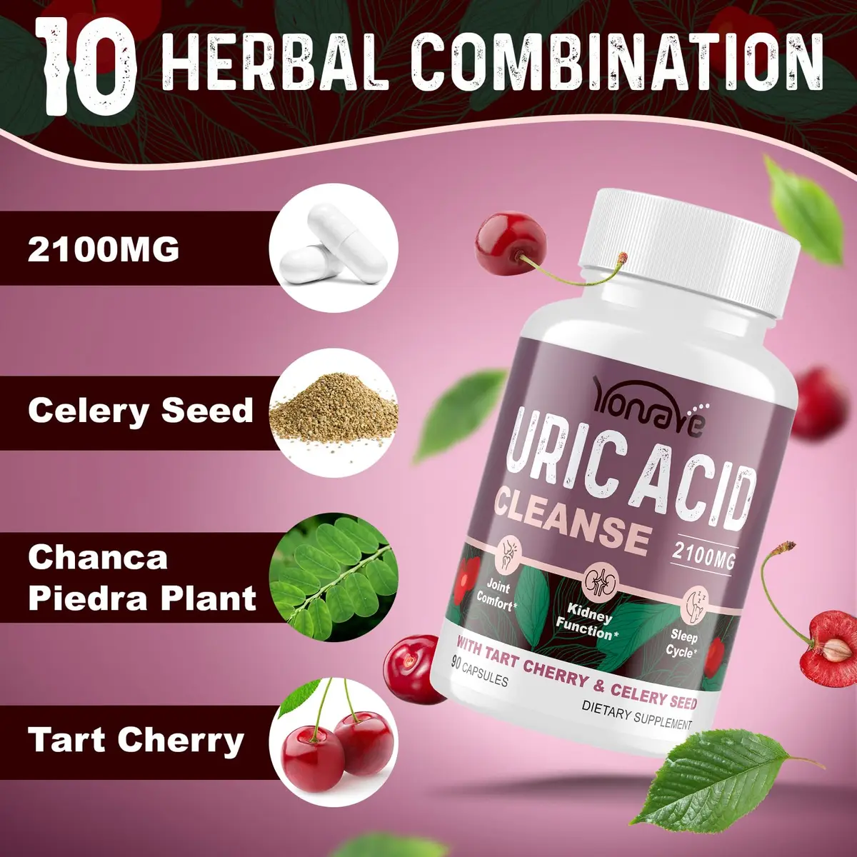 Yonrave Uric Acid Cleanse & Detox with Tart Cherry, Celery Seed | Supports Joint, Kidney & Sleep (90 Veggie Capsules, 2 Bottles) - view 4