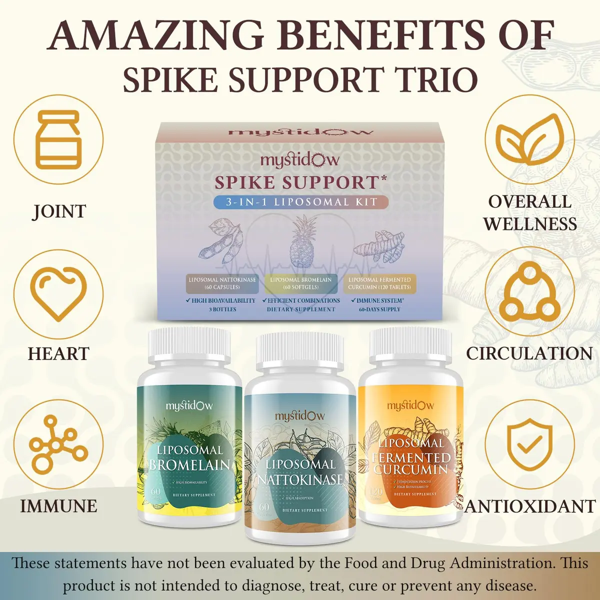 Mystidow Spike Support Trio | Liposomal Nattokinase 8000 FU 500mg, Bromelain 1150 mg & Fermented Curcumin 1800 mg | High Potency, Enhanced Absorption Formula | for Immune, Heart & Circulatory | 60 Servings - view 4
