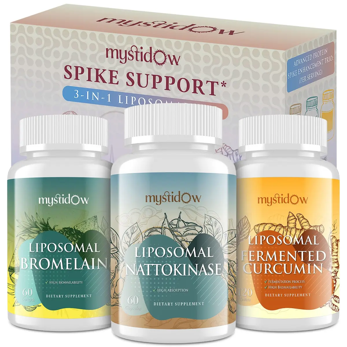 Mystidow Spike Support Trio | Liposomal Nattokinase 8000 FU 500mg, Bromelain 1150 mg & Fermented Curcumin 1800 mg | High Potency, Enhanced Absorption Formula | for Immune, Heart & Circulatory | 60 Servings - main product image