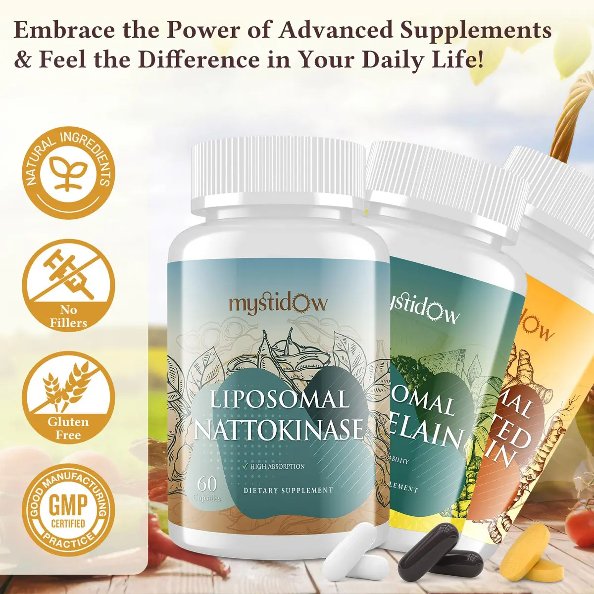Mystidow Spike Support Trio | Liposomal Nattokinase 8000 FU 500mg, Bromelain 1150 mg & Fermented Curcumin 1800 mg | High Potency, Enhanced Absorption Formula | for Immune, Heart & Circulatory | 60 Servings - view 7