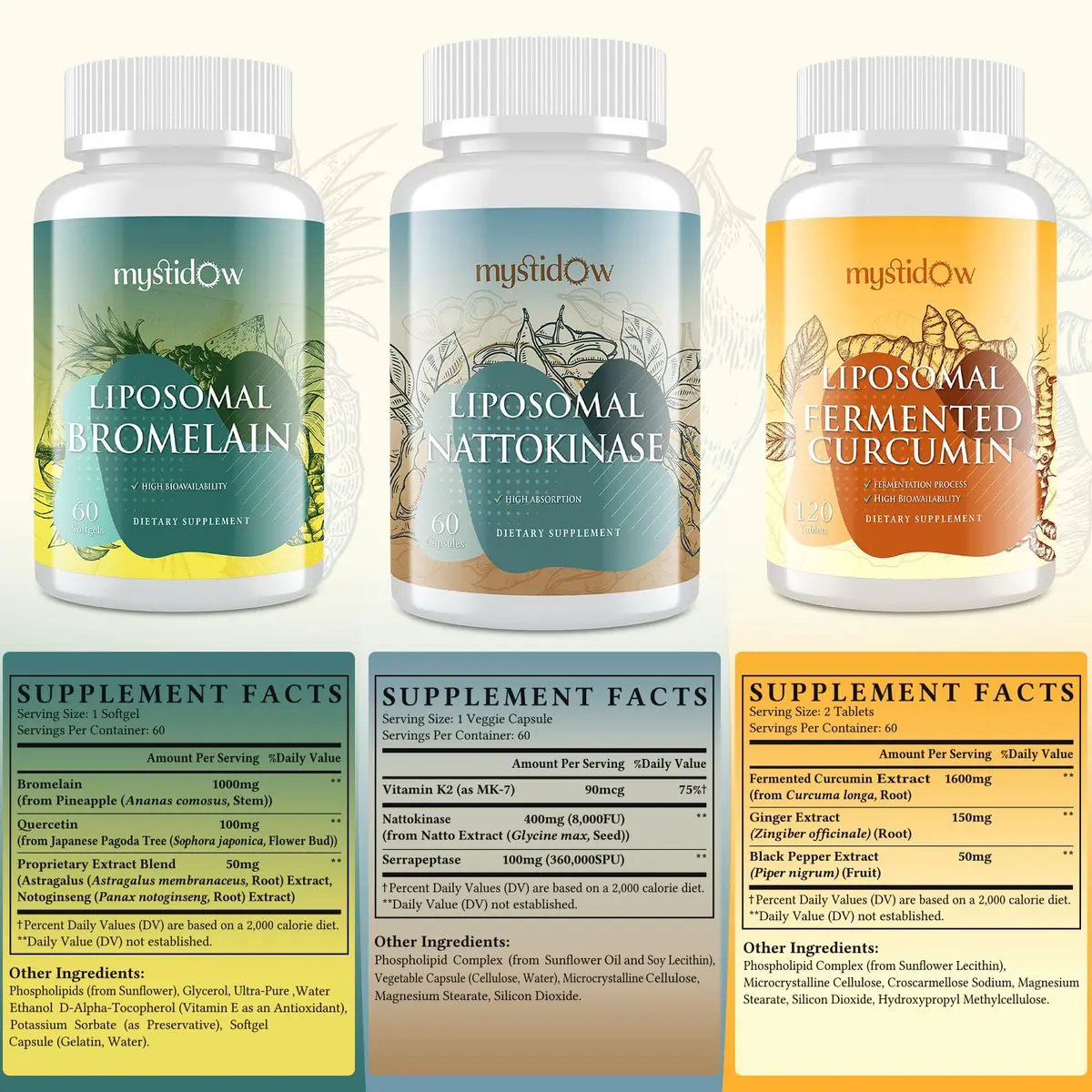 Mystidow Spike Support Trio | Liposomal Nattokinase 8000 FU 500mg, Bromelain 1150 mg & Fermented Curcumin 1800 mg | High Potency, Enhanced Absorption Formula | for Immune, Heart & Circulatory | 60 Servings - view 2