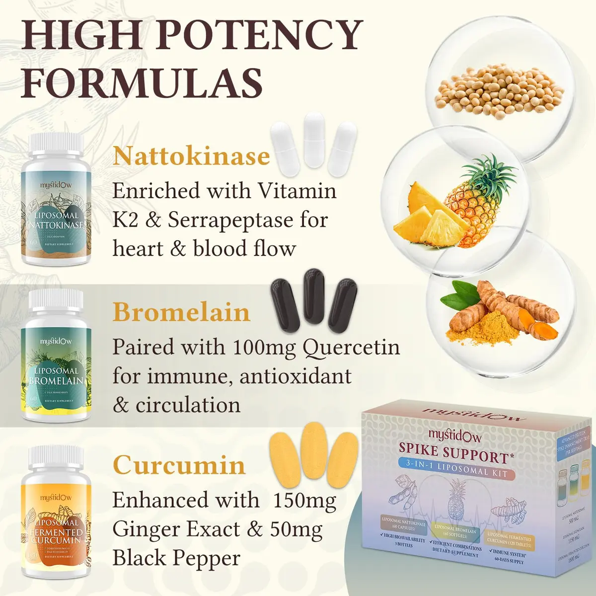 Mystidow Spike Support Trio | Liposomal Nattokinase 8000 FU 500mg, Bromelain 1150 mg & Fermented Curcumin 1800 mg | High Potency, Enhanced Absorption Formula | for Immune, Heart & Circulatory | 60 Servings - view 3