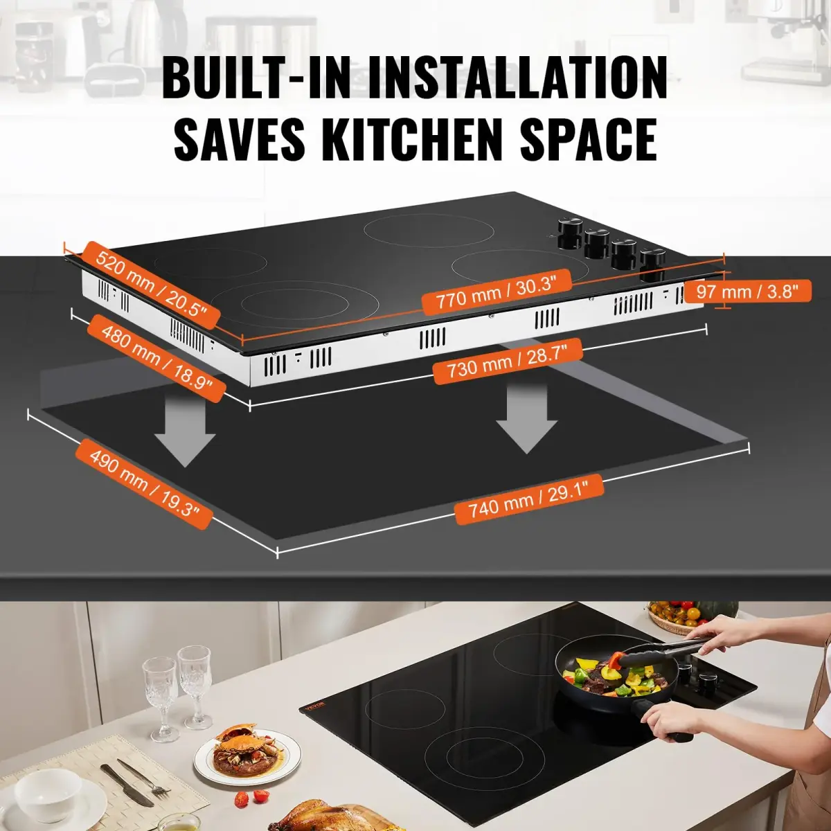 VEVOR Electric Ceramic Cooktop 30-inch 4 Burners 7200W 220V | Built-in Glass Panel with Knob Control - view 6