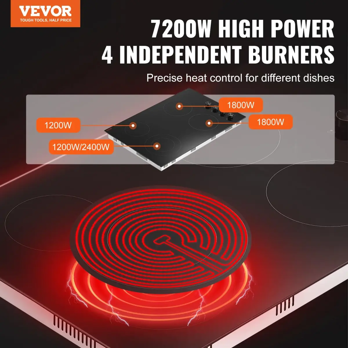 VEVOR Electric Ceramic Cooktop 30-inch 4 Burners 7200W 220V | Built-in Glass Panel with Knob Control - view 2