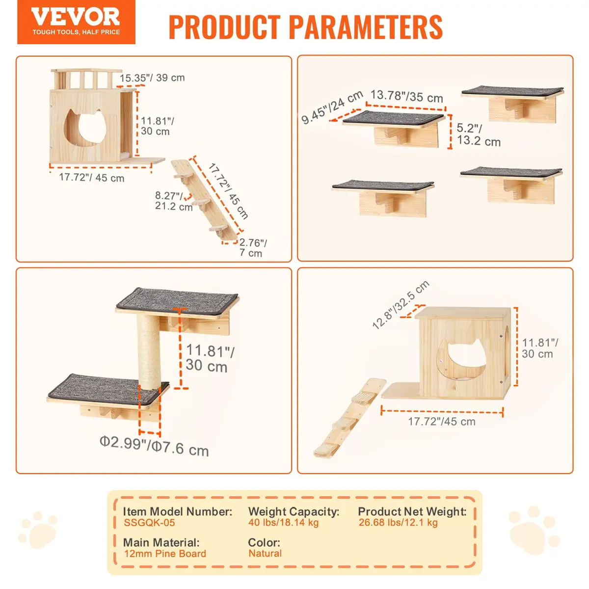 VEVOR Wall Mounted Cat Shelves Set of 9 | Supports 40 lbs, Climbing & Resting - view 7