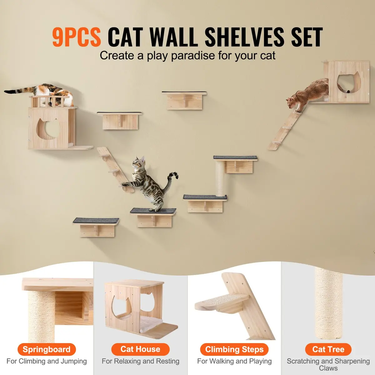 VEVOR Wall Mounted Cat Shelves Set of 9 | Supports 40 lbs, Climbing & Resting - view 2