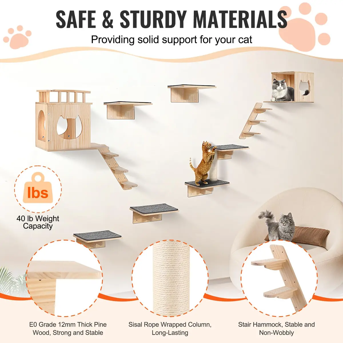 VEVOR Wall Mounted Cat Shelves Set of 9 | Supports 40 lbs, Climbing & Resting - view 3