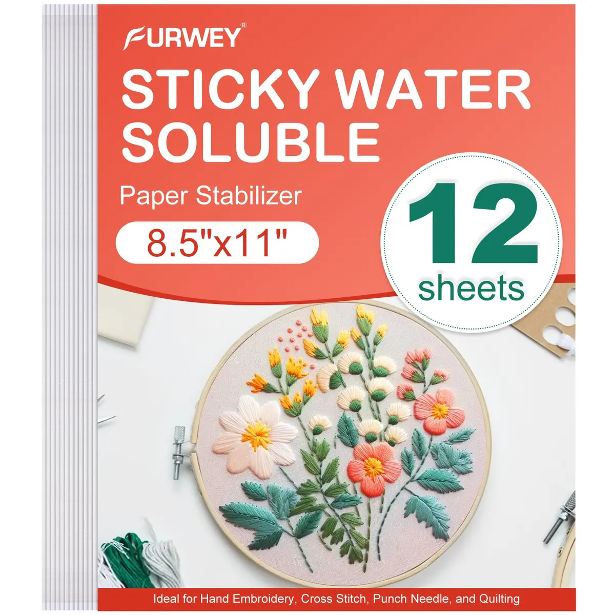FURWEY Water Soluble Stabilizer for Embroidery, 12PCS 8.5x11, Self Adhesive | Wash Away, Printable & Versatile (70-120 chars) - main product image