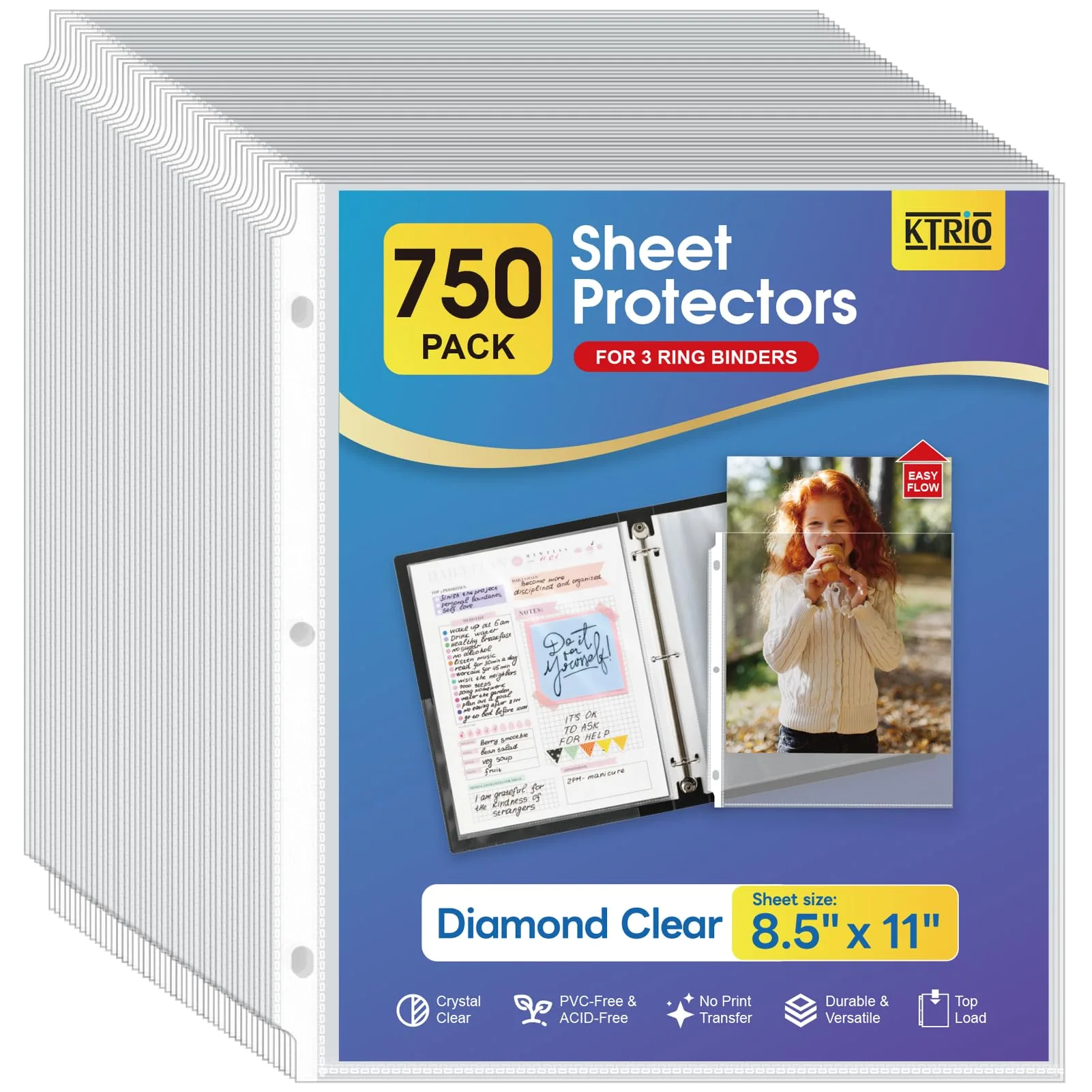 KTRIO Clear Sheet Protectors 750 Pack | Acid-Free Document Sleeves for 3 Ring Binders - main product image