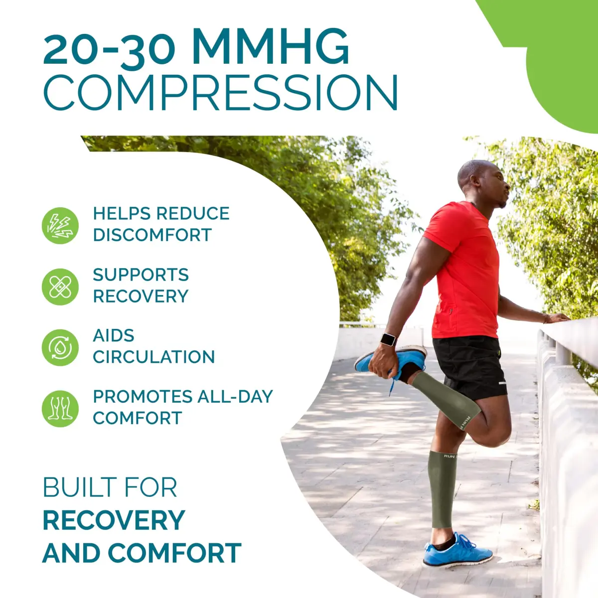 Run Forever Army Green Medium Calf Compression Sleeve | 20-30mmHg Graduated Compression for Pain Relief & Recovery - view 3