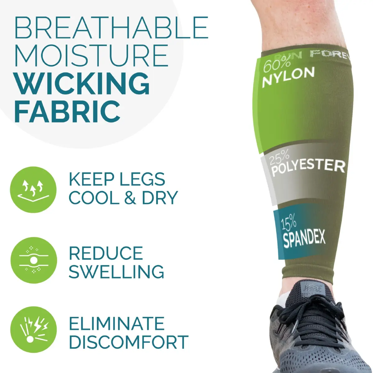 Run Forever Army Green Medium Calf Compression Sleeve | 20-30mmHg Graduated Compression for Pain Relief & Recovery - view 4