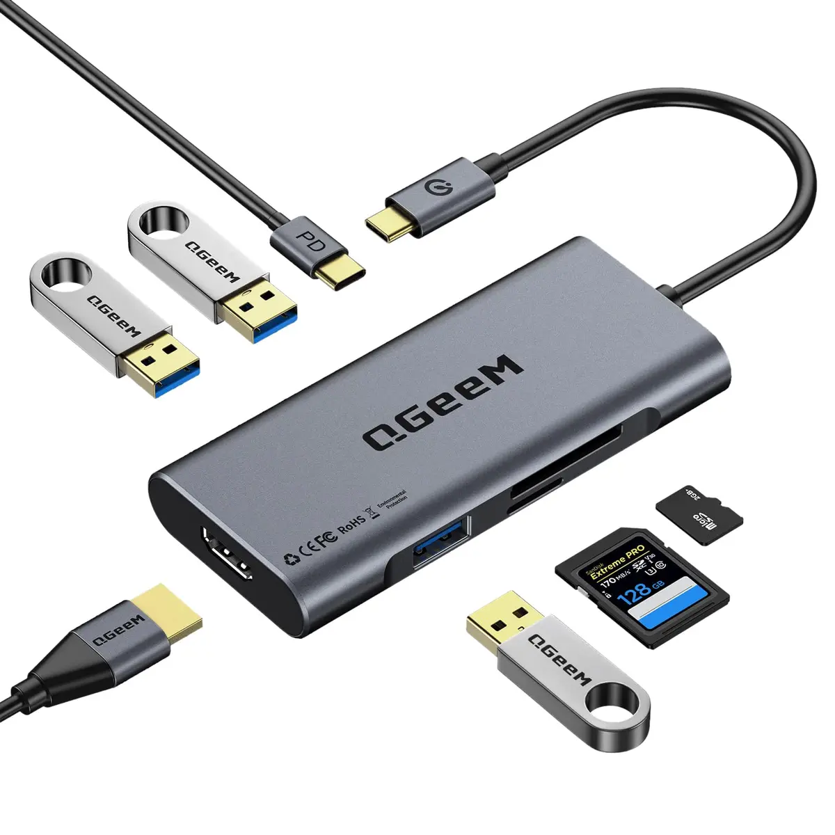 QGeeM USB C Hub,7in1 Type c to 4K HDMI Multi‑Port Adapter Dock for Laptop | 100W PD, 4K HDMI, 7 Ports - main product image