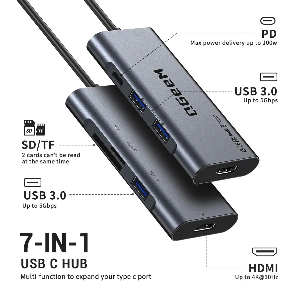 QGeeM USB C Hub,7in1 Type c to 4K HDMI Multi‑Port Adapter Dock for Laptop | 100W PD, 4K HDMI, 7 Ports - view 2