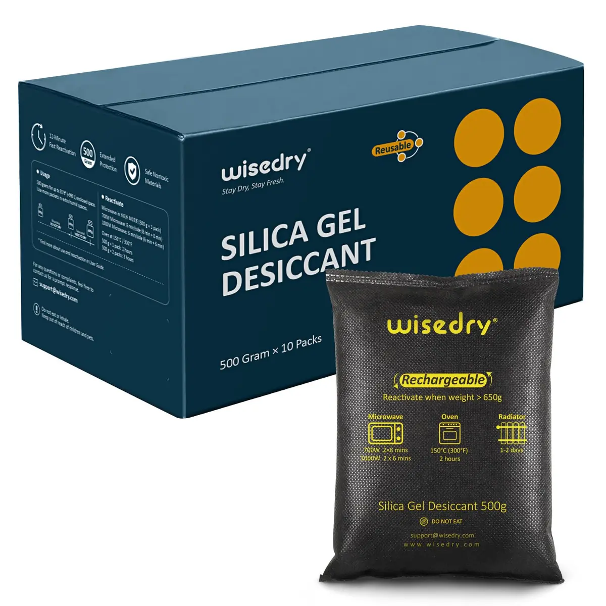 wisedry 10 x 500g Rechargeable Silica Gel Car Dehumidifier | Fast Reactivated Moisture Absorber for Large Spaces - main product image