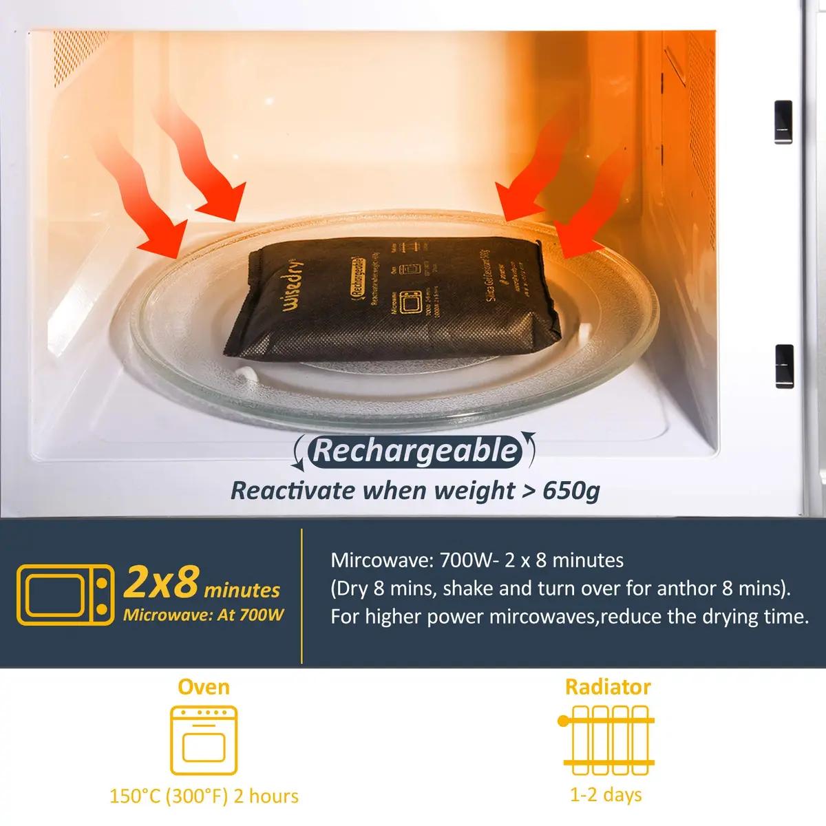 wisedry 10 x 500g Rechargeable Silica Gel Car Dehumidifier | Fast Reactivated Moisture Absorber for Large Spaces - view 2