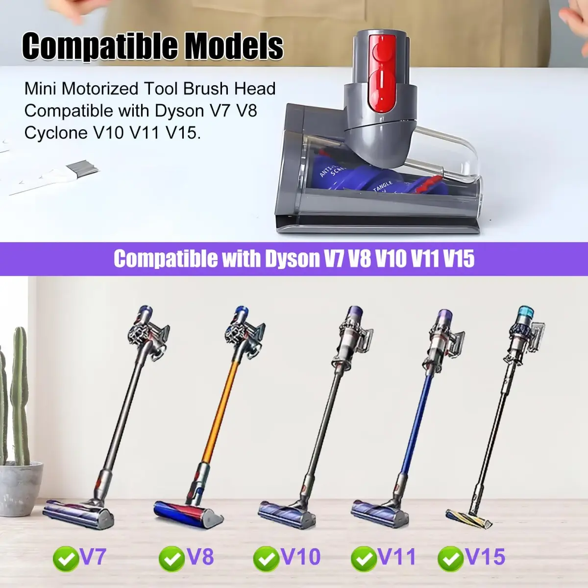 Vanclearidea Mini Motorized Tool Brush Head for Dyson V7-V15 Vacuums | 30W Powerful Suction, Anti-Tangle Pet Hair Attachment - view 2
