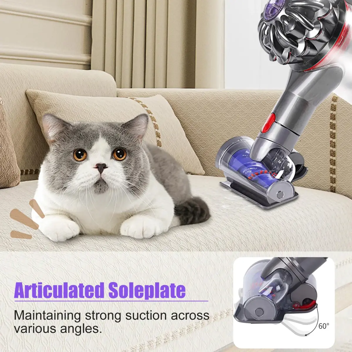 Vanclearidea Mini Motorized Tool Brush Head for Dyson V7-V15 Vacuums | 30W Powerful Suction, Anti-Tangle Pet Hair Attachment - view 3