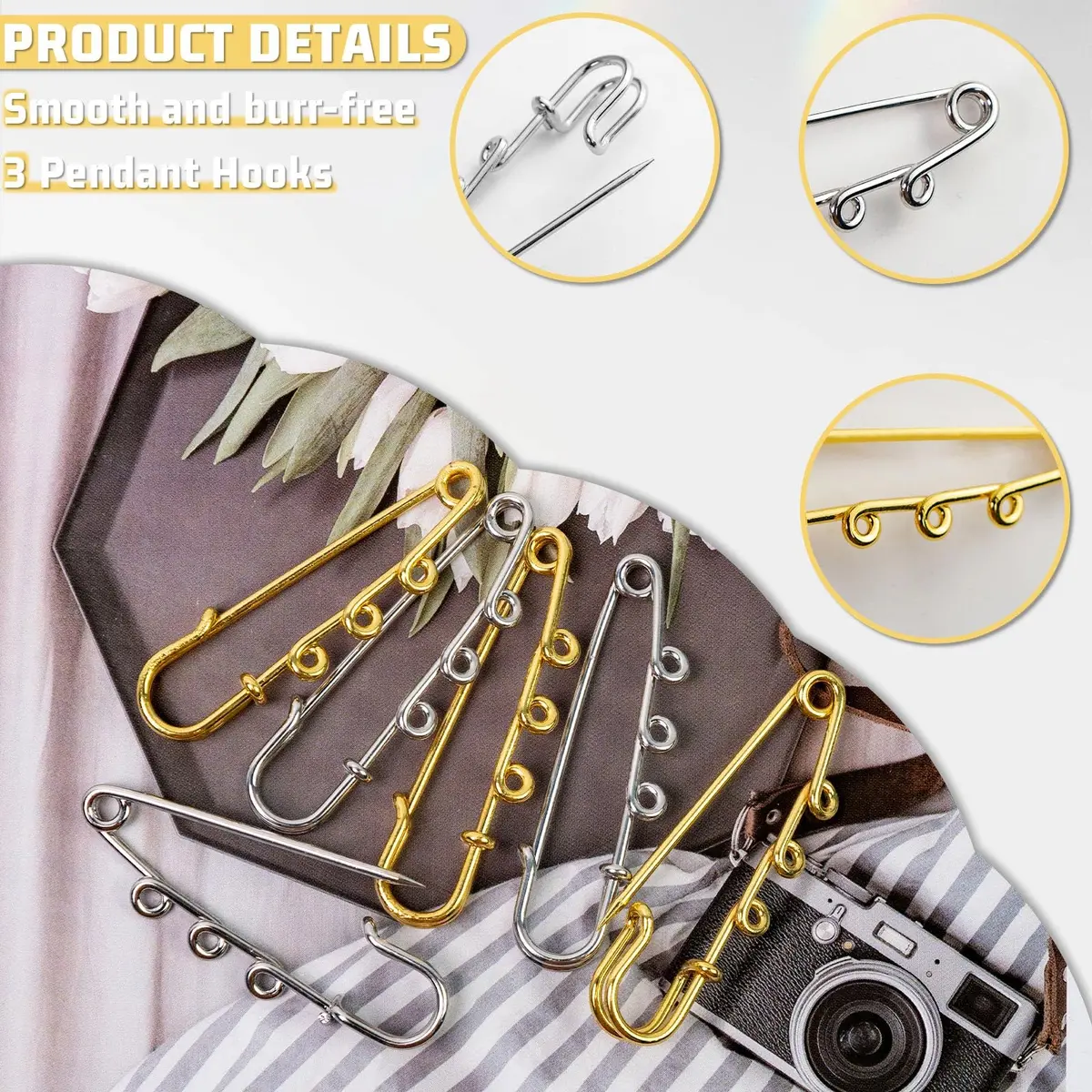 Koceci Heavy Duty Safety Pins 50PCS | Durable Metal Brooch Pins with Loops for Crafts & Clothing - view 3