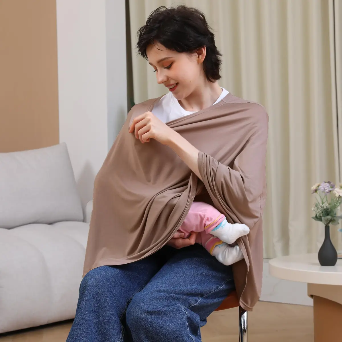 Seejoy Multi-use Nursing Cover for Breastfeeding, 360°Full Coverage Nursing Poncho, Smooth Rayon, Mocha | 120cm (47.2" ) x 66cm (26" ) - view 5