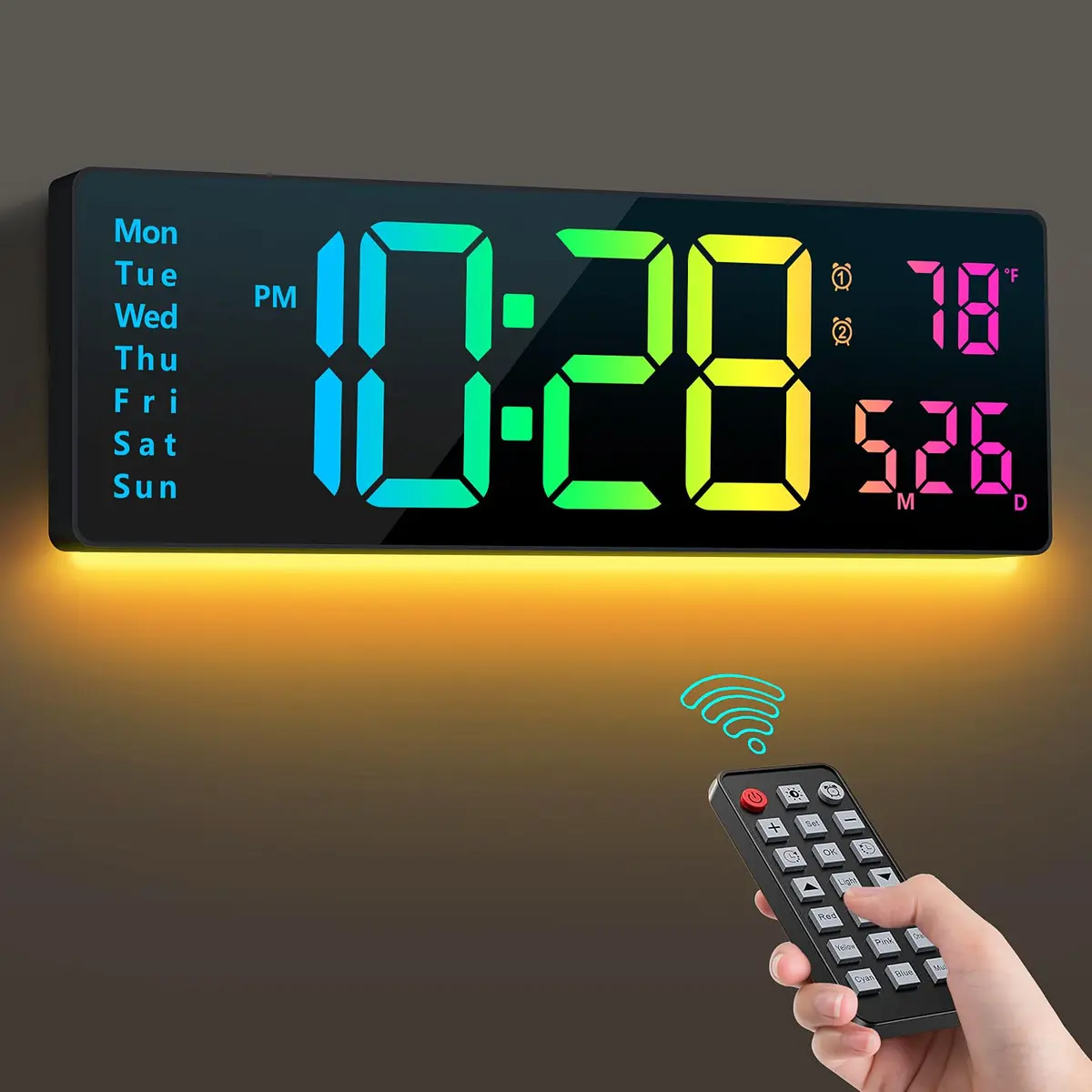Hournor Digital Wall Clock 16" Large Display RGB Colors | Remote Control, Night Lights, Auto DST, Temp - main product image