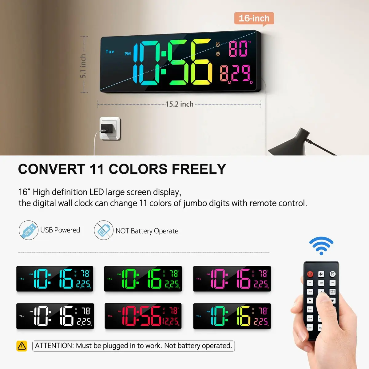 Hournor Digital Wall Clock 16" Large Display RGB Colors | Remote Control, Night Lights, Auto DST, Temp - view 2
