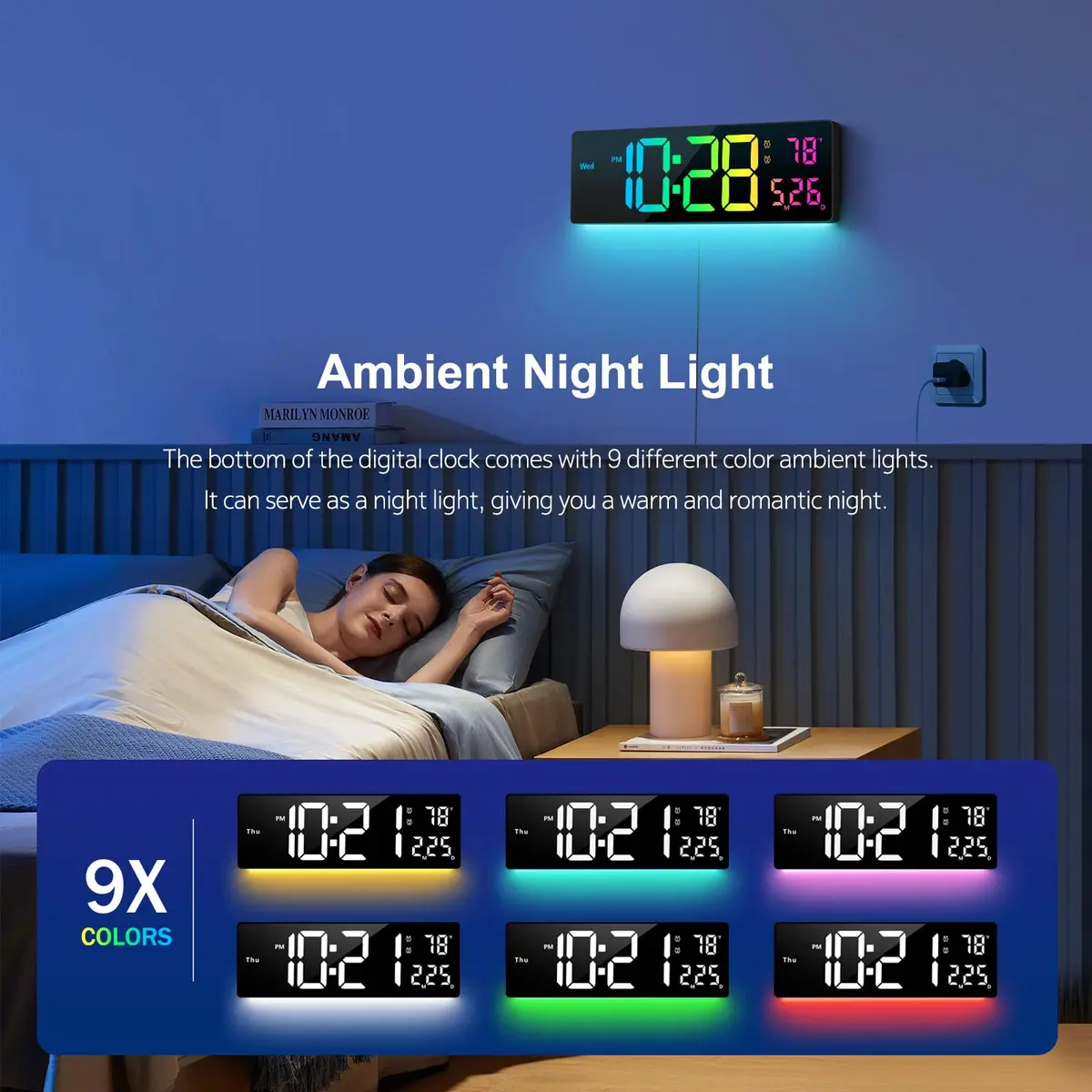 Hournor Digital Wall Clock 16" Large Display RGB Colors | Remote Control, Night Lights, Auto DST, Temp - view 3