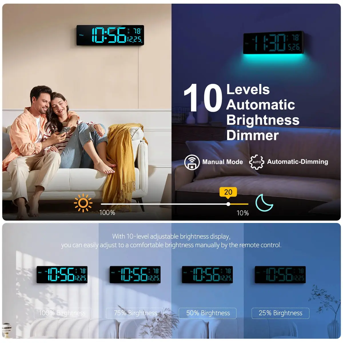 Hournor Digital Wall Clock 16" Large Display RGB Colors | Remote Control, Night Lights, Auto DST, Temp - view 4