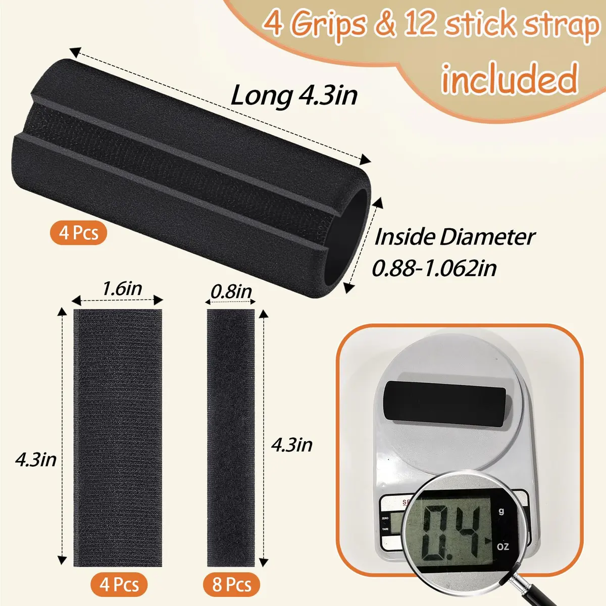 AKLVBL Black 4 Pcs Universal Handle Grips 10.9cm (4.3 Inch) | NBR Rubber Foam Comfort Grip for Gym, Bike, Tools - view 4