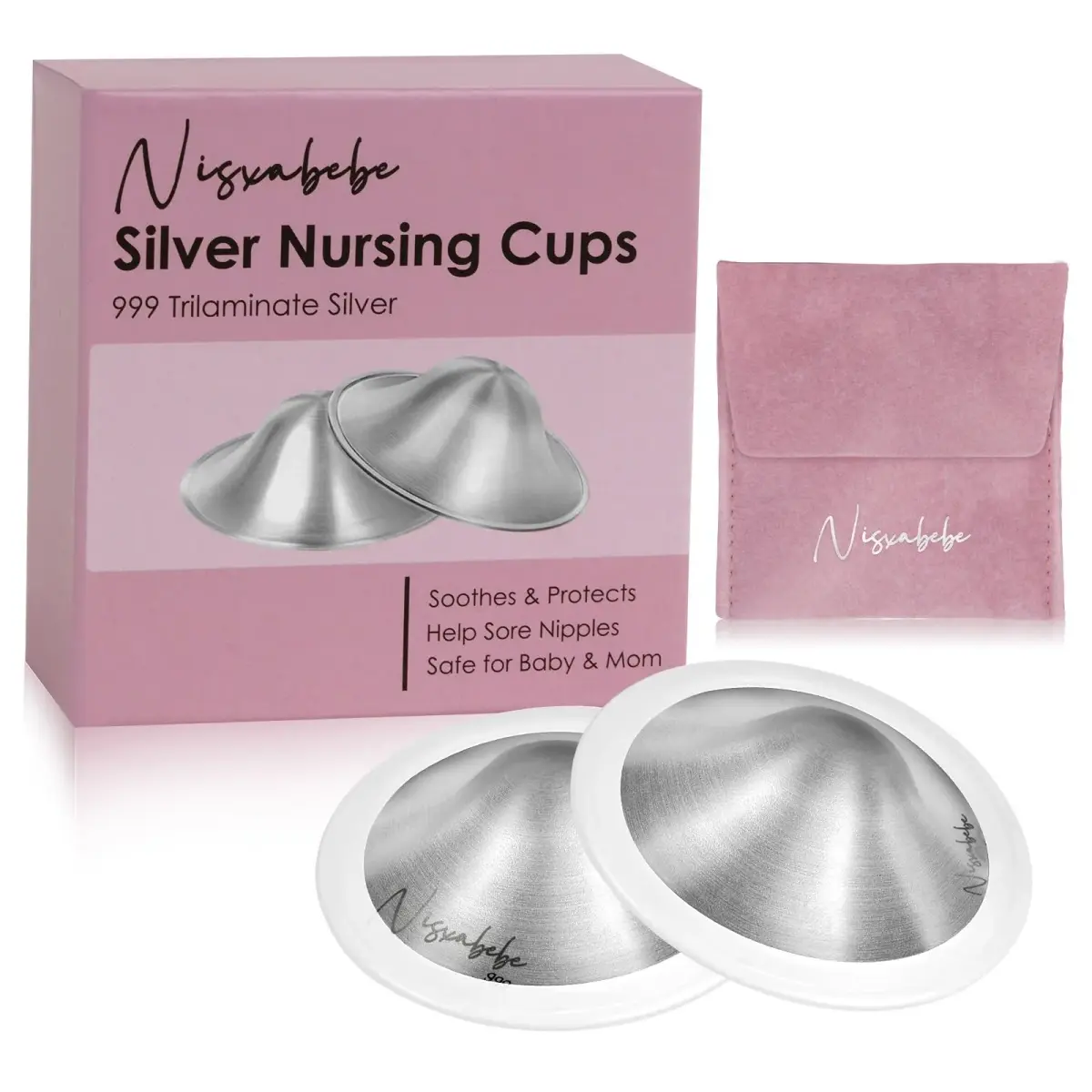 NISXABEBE Original Silver Nursing Cups with Silicone Ring, X-Large | Natural Healing for Sore Nipples - main product image