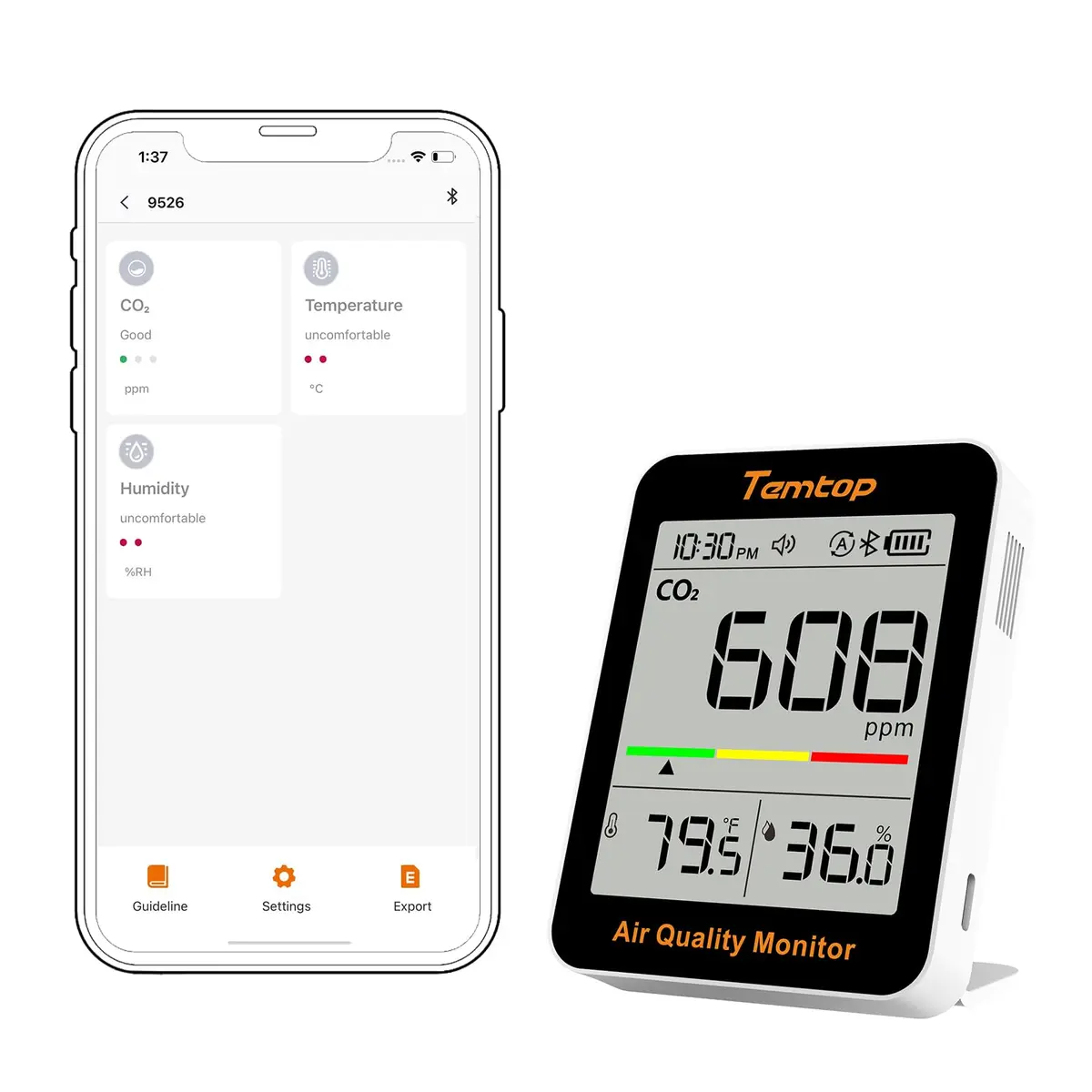 Temtop C1+ CO2 Monitor, Indoor Air Quality & Temperature Display, BLE App, Long Battery Life (180 Days) - main product image