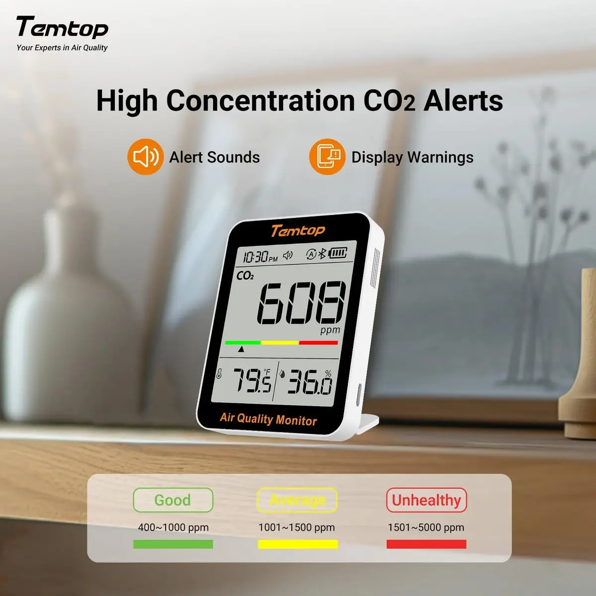 Temtop C1+ CO2 Monitor, Indoor Air Quality & Temperature Display, BLE App, Long Battery Life (180 Days) - view 5