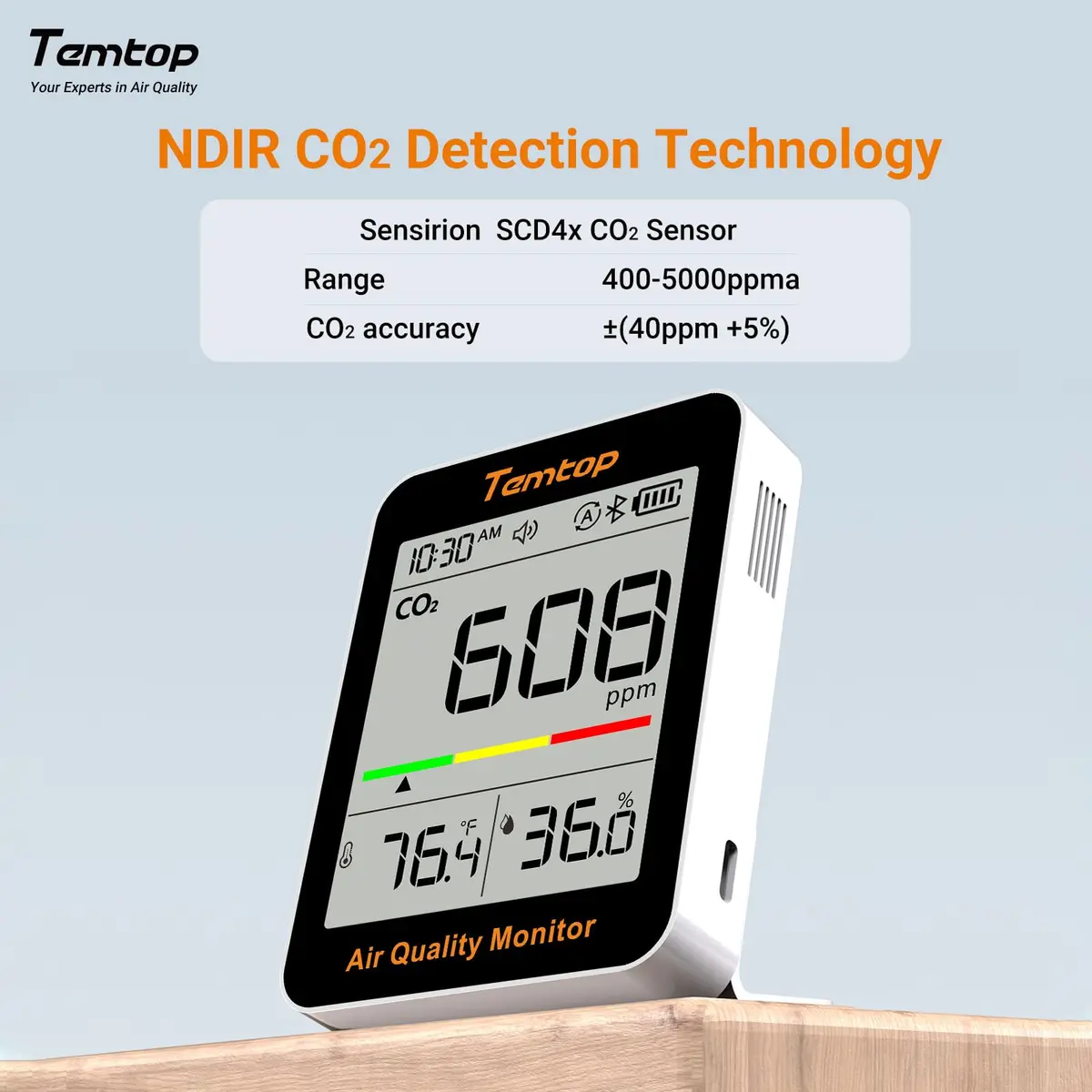 Temtop C1+ CO2 Monitor, Indoor Air Quality & Temperature Display, BLE App, Long Battery Life (180 Days) - view 2