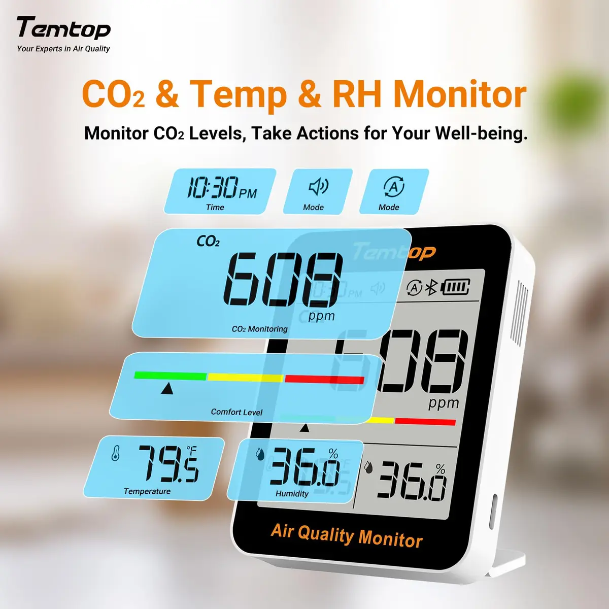Temtop C1+ CO2 Monitor, Indoor Air Quality & Temperature Display, BLE App, Long Battery Life (180 Days) - view 3