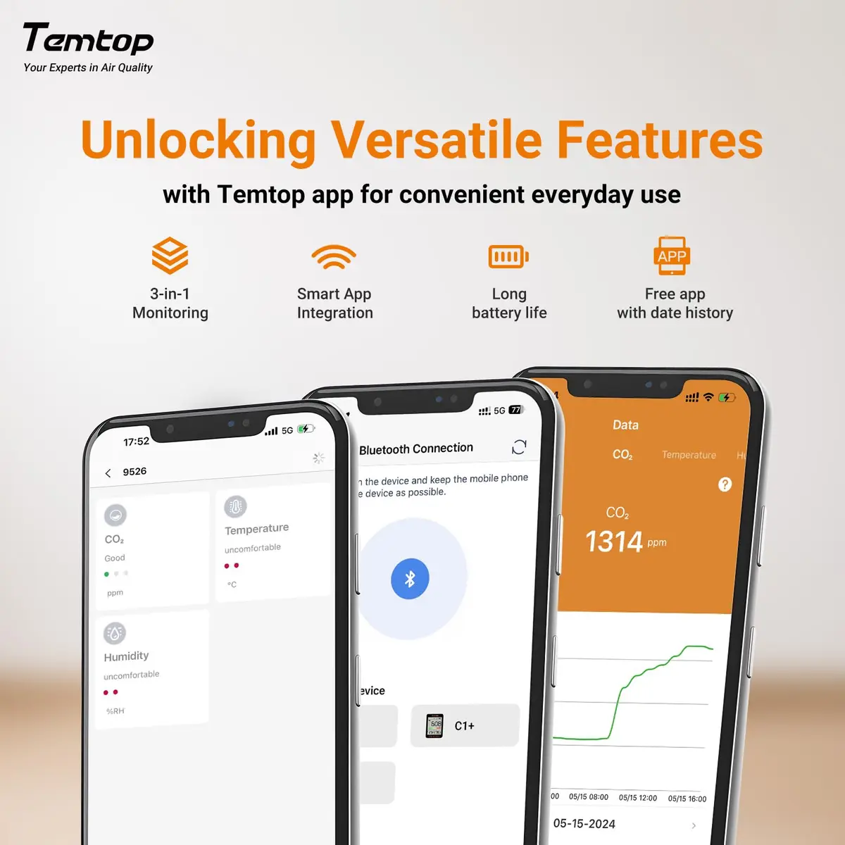 Temtop C1+ CO2 Monitor, Indoor Air Quality & Temperature Display, BLE App, Long Battery Life (180 Days) - view 4