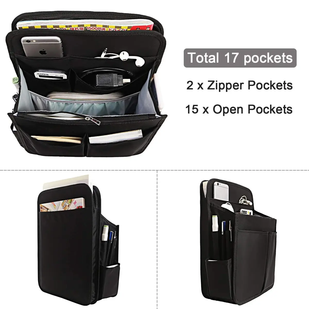 Yoillione Backpack Organizer Insert with Base Shaper - Lightweight Bag Organizer with 17 Pockets & Zipper, 34cm (13.4'') Height, Black | Fits Most Backpacks - view 3