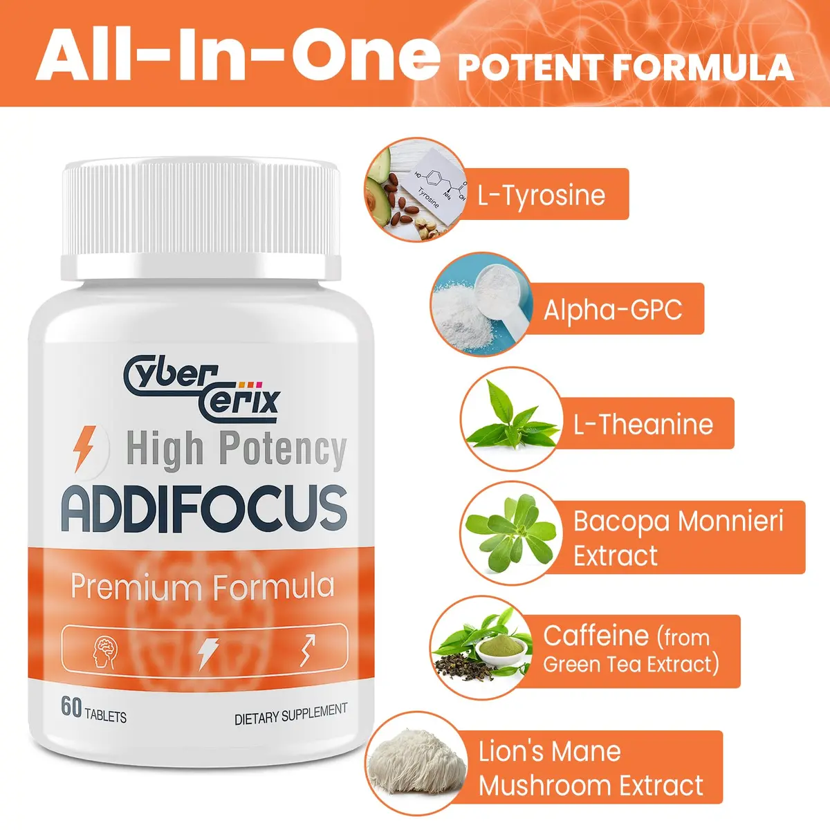 CyberCerix 17-in-1 Brain Supplements for Memory & Focus | Nootropic Formula with Vitamins, Amino Acids & Herbal Extracts (60 Count Pack of 2) - view 3
