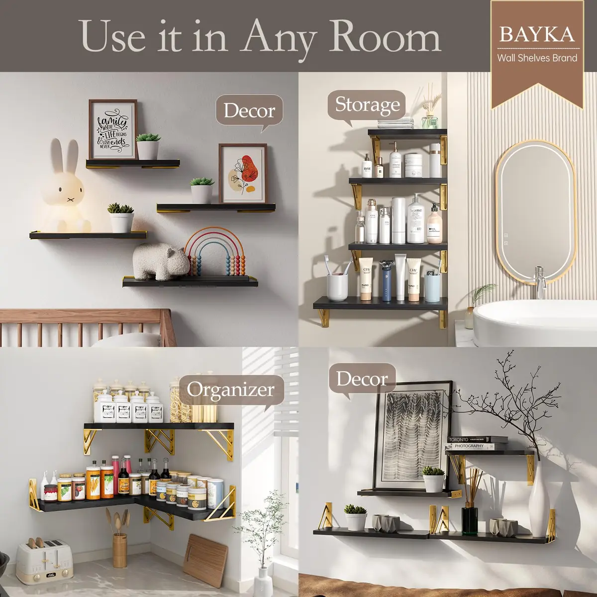BAYKA Floating Shelves Wall Mount Set of 4 | Rustic Wood Storage for Bedroom, Bathroom, Kitchen - view 3