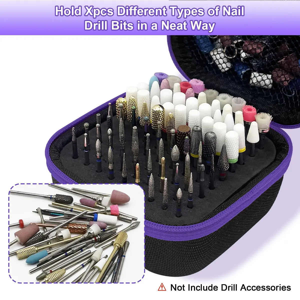 Thowapou 81 Holes Nail Drill Bit Holder Case - Purple | Compact & Organized Storage for 3/32" Bits - view 6