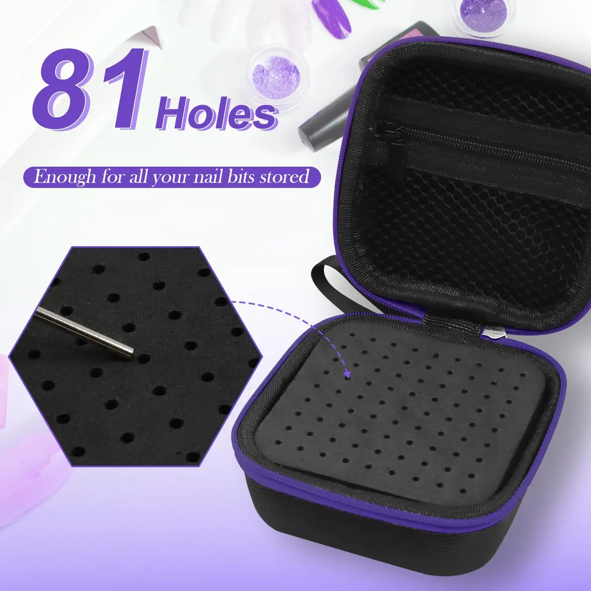 Thowapou 81 Holes Nail Drill Bit Holder Case - Purple | Compact & Organized Storage for 3/32" Bits - view 2