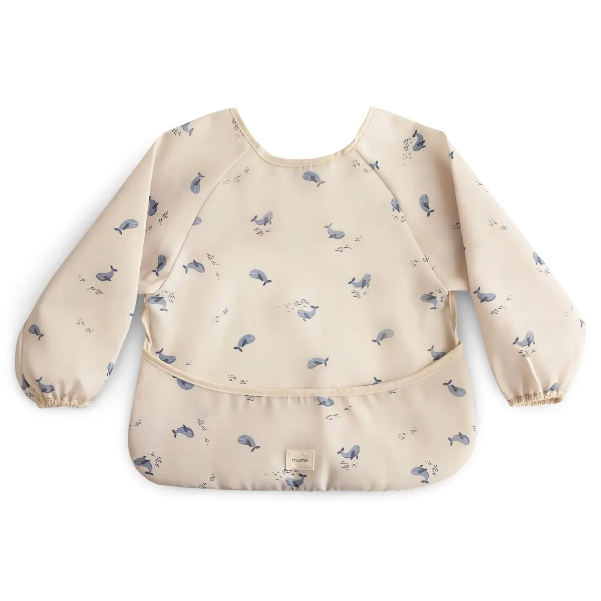 mushie Long Sleeve Baby Bib Water Resistant Adjustable Fit (Whales) | Mess-Free Mealtimes & Art - main product image