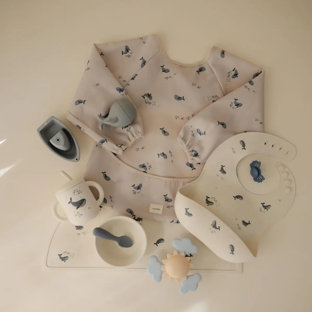 mushie Long Sleeve Baby Bib Water Resistant Adjustable Fit (Whales) | Mess-Free Mealtimes & Art - view 8