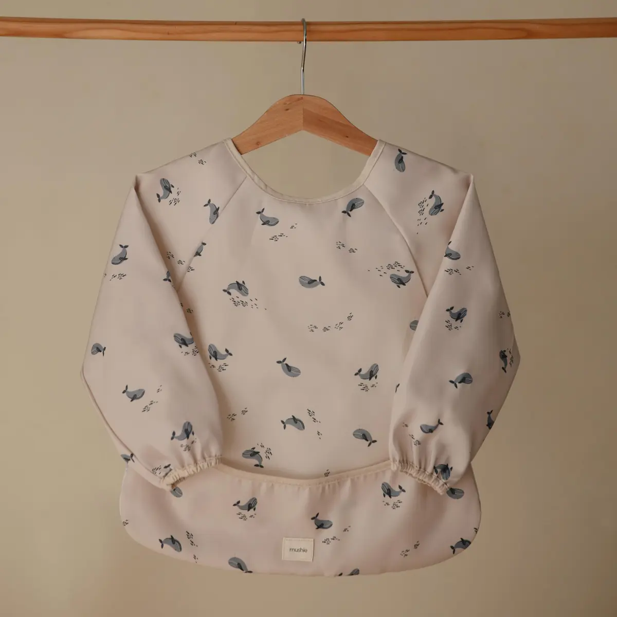 mushie Long Sleeve Baby Bib Water Resistant Adjustable Fit (Whales) | Mess-Free Mealtimes & Art - view 3