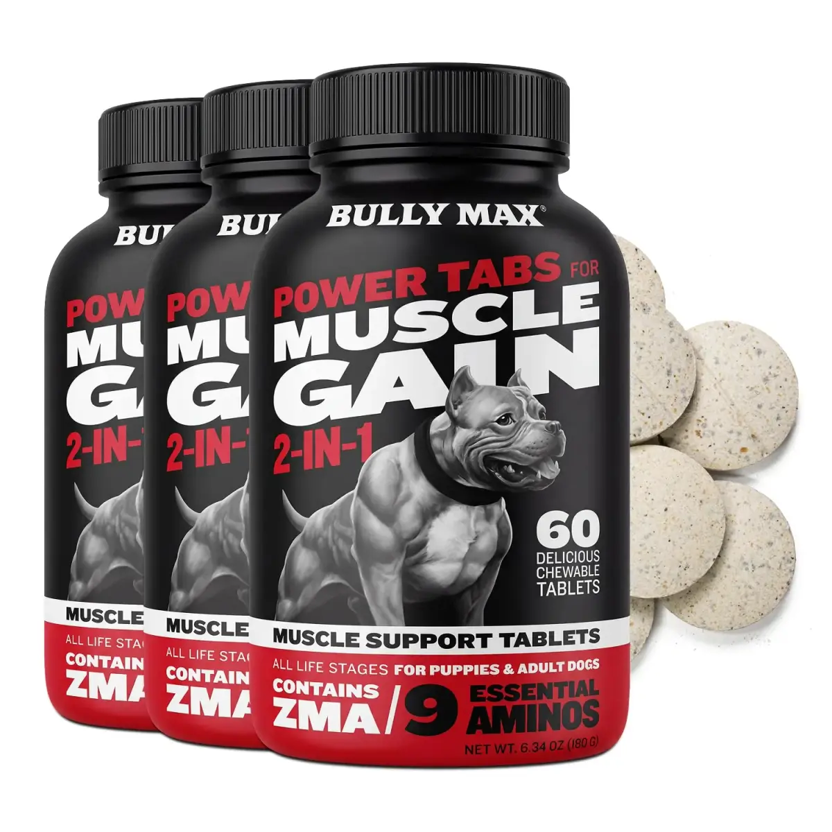 Bully Max 2-in-1 Muscle Builder Chewable Tablets for Dogs - 60 Tabs (3 Bottles) | Vet-Recommended Canine Multivitamin for Muscle Gain & Growth - main product image